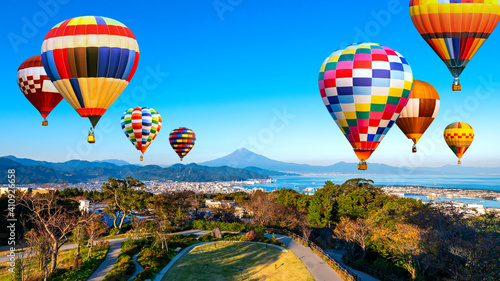 Landscape of Fuji Mountain with colorful hot air balloon 2