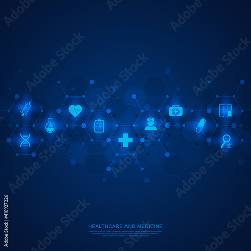 Healthcare and technology concept with flat icons and symbols. Template design for health care business, innovation medicine, pharmaceutical industry, science background, medical research.