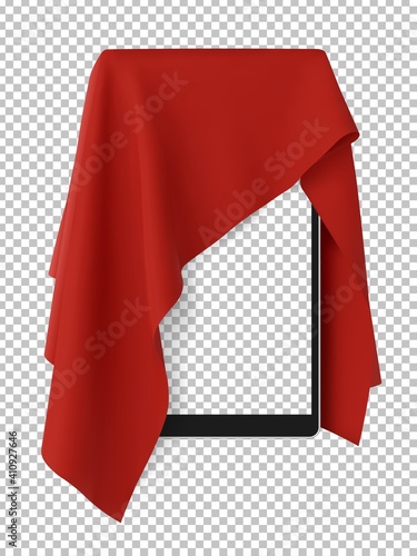 Red fabric covering a blank tablet pad gadget, vector illustration