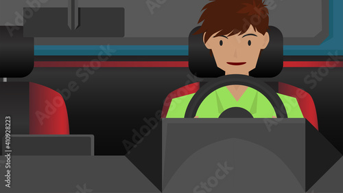 Front view of a man driving in a car alone happily. Driving travel at different times. Or learning to drive a car.