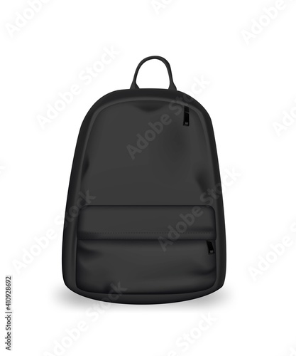 Black backpack design front view. College or school rucksack mockup vector illustration. Realistic youth pack of fabric for study or sport with shadow