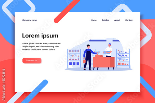 Male customer buying construction tools in store. Man standing at cash register counter and paying cash. Vector illustration for hardware construction shop, building worker, home repair concept