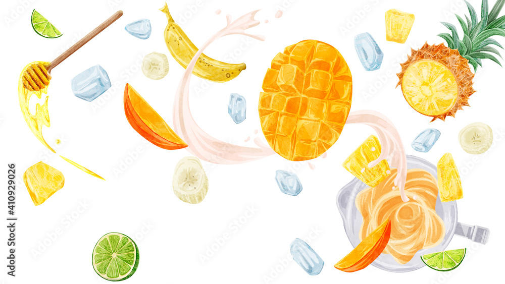パインマンゴースムージーの材料手描き水彩風イラスト Stock Illustration Adobe Stock パインマンゴースムージーの材料手描き水彩風イラスト Stock Illustration Adobe Stock
