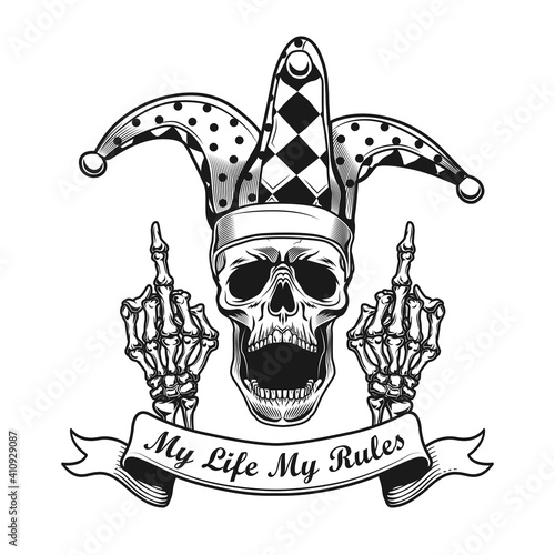 Black retro emblem with fool showing middle finger. Monochrome design element with skeleton jester showing fuck off gesture and text. Nonconformist concept for tattoo, stamp, print template