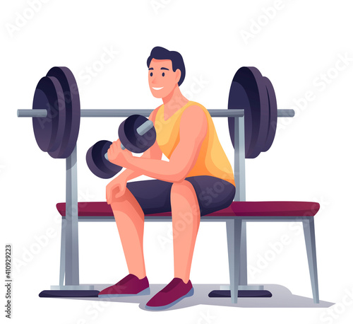 Young man exercising with weight equipment. Happy smiling guy sitting and lifting dumbbell vector illustration. Healthy active lifestyle. Male doing sport isolated on white background