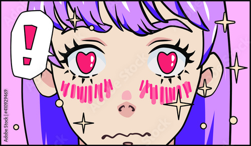 Exited and nervous cartoon personage in love. Page of the manga comics book with cute anime shojo-heroine.