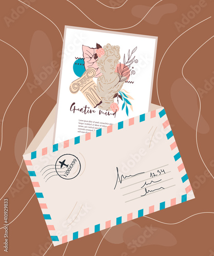 Mail  letter envelope with card inside, flat vector illustration. Retro airmail envelope with a postcard featuring a tourist landmark. Message from travel and mail, messaging concept.