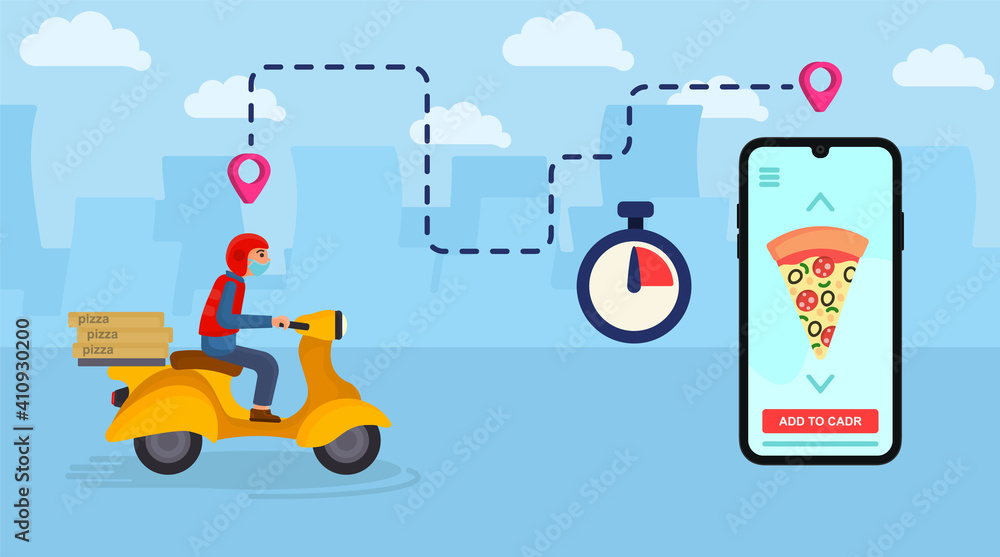 Scooter with food delivery. Fast courier.  Smartphone with Mobile App for Delivery Tracking. Flat Isometric Vector Illustration.