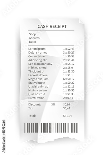 Receipt, paper bill, shop and supermarket check vector illustration template. Realistic list of purchases with prices, barcode, taxes, payment with money on white. Finance transactions