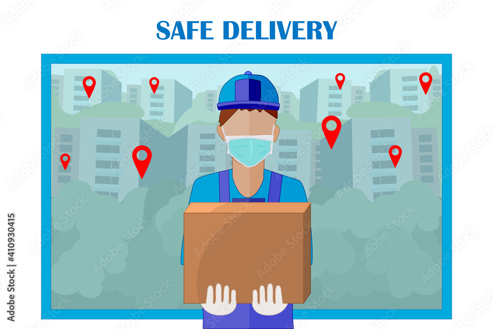 Safe food or merchandise delivery to home during coronavirus covid-19 epidemic. Courier holding a box with fast food and goods, he is wearing a face mask.Delivery service.Stay home.Vector Safe food or merchandise delivery to home during coronavirus covid-19 epidemic. Courier holding a box with fast food and goods, he is wearing a face mask.Delivery service.Stay home.Vector