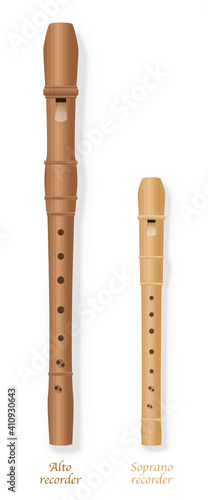 Alto recorder and soprano recorder by comparison with different size, design and wooden texture. Isolated vector illustration on white background.
