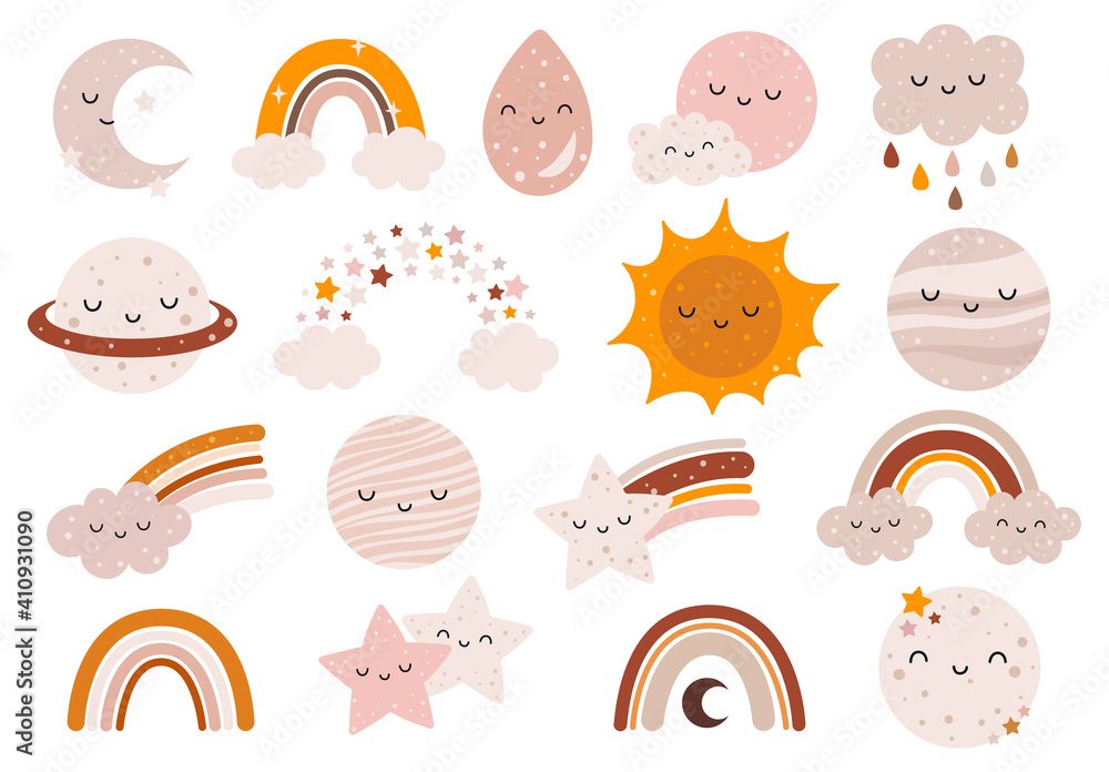 custom made wallpaper toronto digitalVector hand drawn celestial collection with cute planet, moon, cloud, rainbow, stars for nursery decoration.