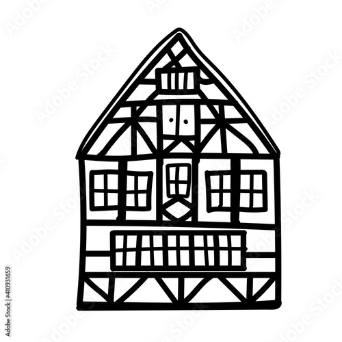  Doodle Old german house with wooden beams. Hand drawn half timbered building. Black facades of european framing houses, cottages.