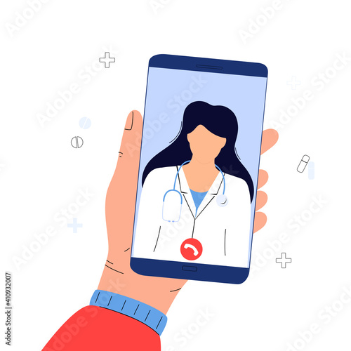 The patient makes a video call to the doctor online. Hands holding smartphone. Telemedicine concept. Medical worker advises a sick person remotely