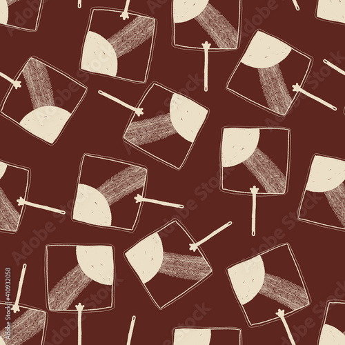 Seamless texture of traditional fans. Hand drawn sketch painting on simple color background.