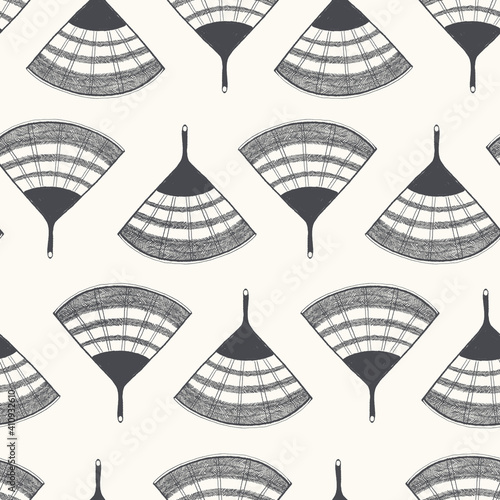Seamless texture of traditional fans. Hand drawn sketch painting on simple color background.