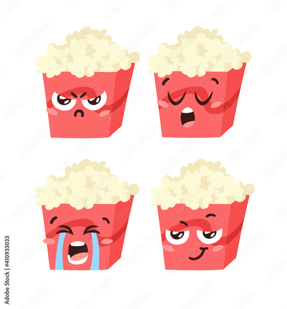 Hand Drawn Cartoon Illustration Pop Corn Emoji. Food Vector Drawing