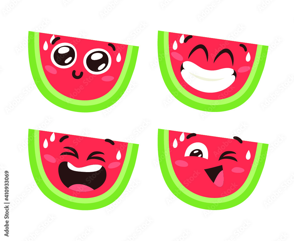 Obraz premium Hand Drawn Cartoon Illustration Watermelon Emoji. Food Vector Drawing Sweet Emoticon. Tasty Image Meal. Flat Style Vegan Collection Fruits
