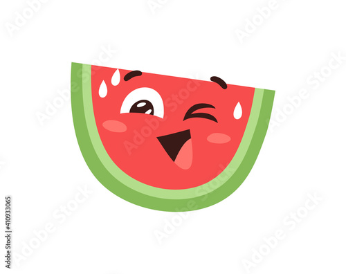 Hand Drawn Cartoon Illustration Watermelon Emoji. Food Vector Drawing Sweet Emoticon. Tasty Image Meal. Flat Style Vegan Collection Fruits