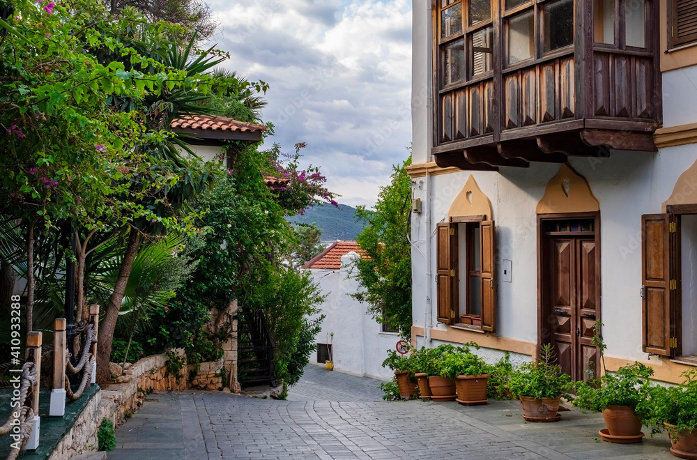 Cozy street and beautiful architecture in Kas Town, Turkey.