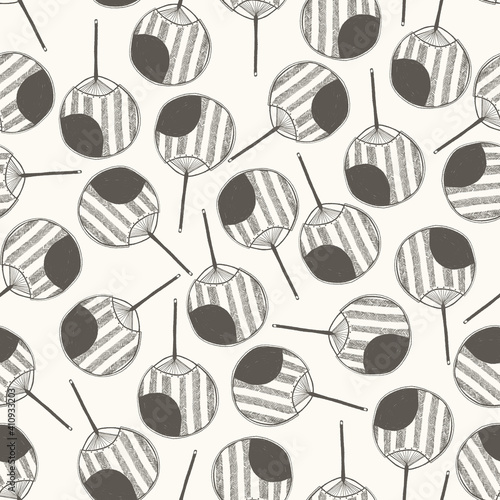 Seamless texture of traditional fans. Hand drawn sketch painting on simple color background.