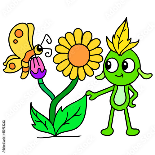 spring flowers and little creatures swarming, doodle icon image kawaii