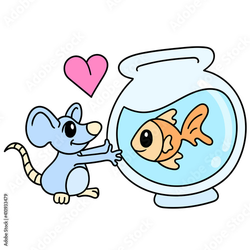 valentine day a mouse fell in love with a fish in an aquarium, doodle icon image kawaii