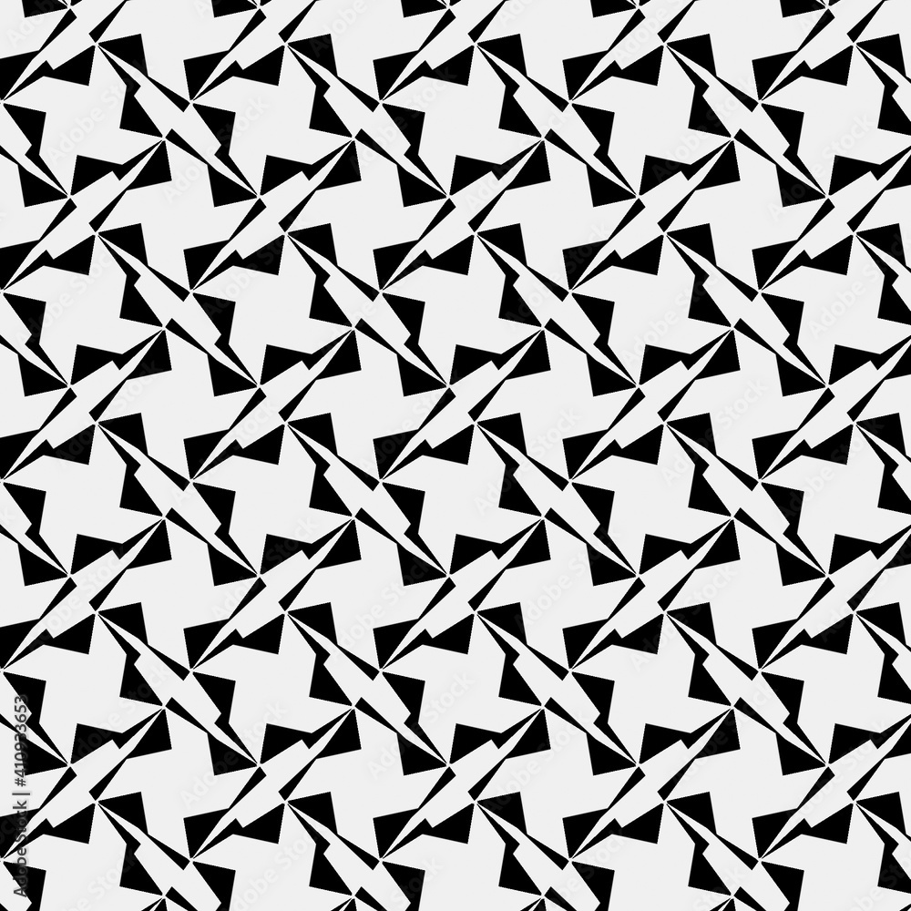 Fototapeta premium Raster geometric ornament. Black and white pattern with star shapes, squares, diamonds, grid, floral silhouettes. Simple monochrome ornamental background. Repeat design for decor, print