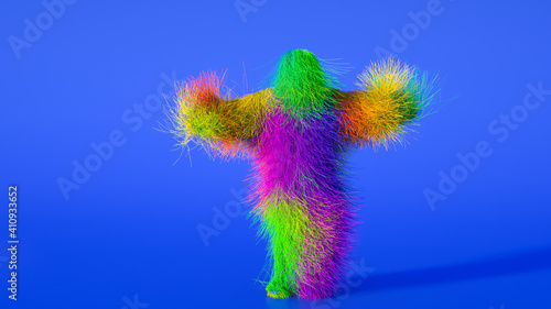 Funny hairy multicolored monster man character dancing . Furry beast having dancing, fur bright funny fluffy character, snowman, seamless motion design.