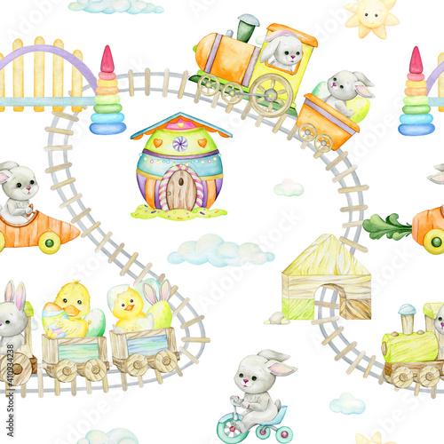 Fototapeta Naklejka Na Ścianę i Meble -  Rabbits, Easter eggs, train, toys, road, Watercolor seamless pattern on isolated background.