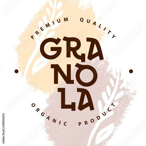Granola logo packaging template. Organic product premium quality. Lettering with spikelets. Geometric healthy food logotype for package, label, emblem