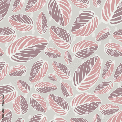 Seamless pattern of striped leaves and translucent polka dots in pastel colors. For printing on textiles, fabrics, bedding, wrapping paper, wallpaper. Vector graphics.