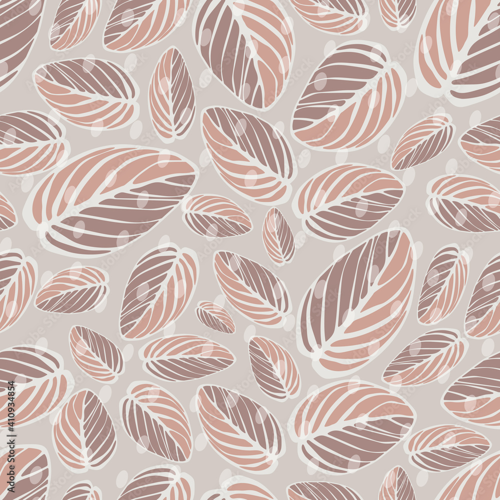 Seamless pattern of striped leaves and translucent polka dots in pastel colors. For printing on textiles, fabrics, bedding, wrapping paper, wallpaper. Seamless pattern of striped leaves and translucent polka dots in pastel colors. For printing on textiles, fabrics, bedding, wrapping paper, wallpaper.