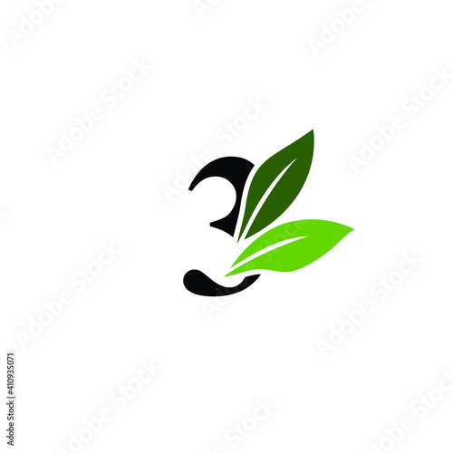 Number 3 Logo with Green Leaves, Nature Logo/Icon Design Template.