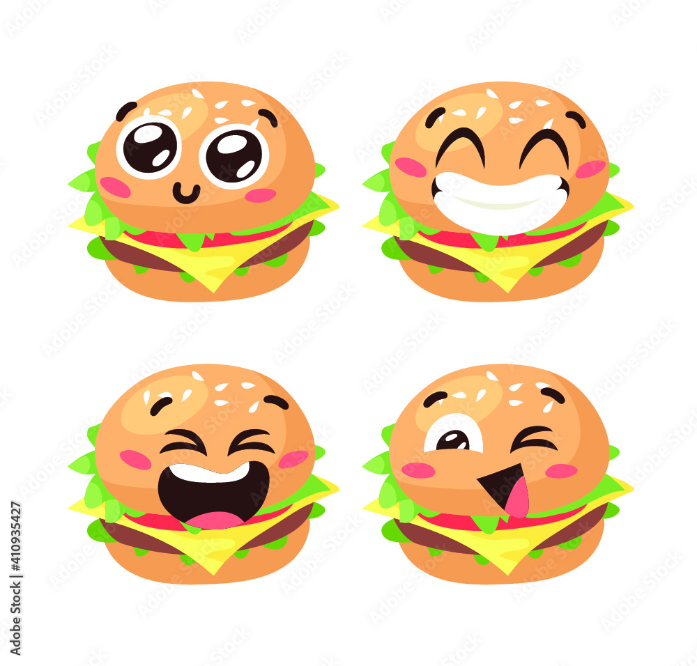 Hand Drawn Cartoon Illustration Burger Emoji. Fast Food Vector Drawing