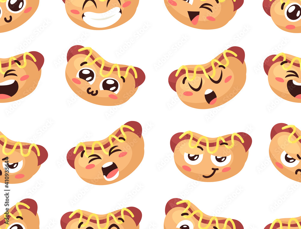 Obraz premium Hand Drawn Cartoon Illustration Hot Dog Emoji. Fast Food Vector Drawing Emoticon. Tasty Image Meal. Flat Style Collection American Cuisine Seamless Pattern