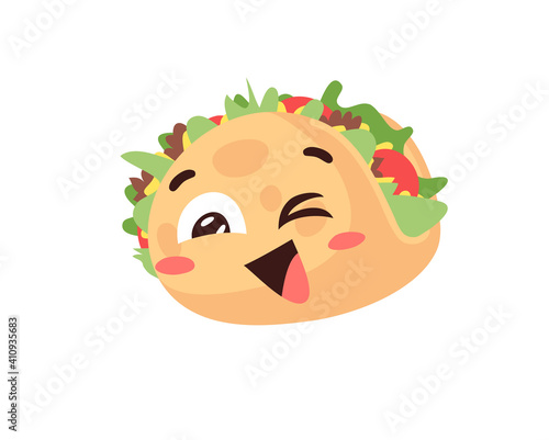Hand Drawn Cartoon Illustration Tacos Emoji. Fast Food Vector Drawing Emoticon. Tasty Image Meal. Flat Style Collection Mexican Cuisine
