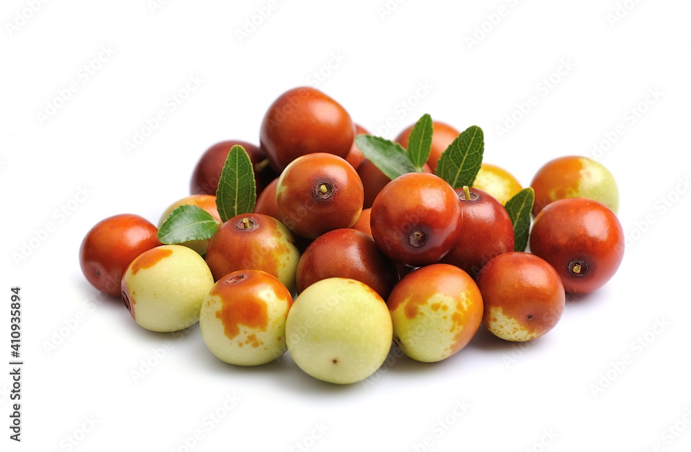 Jojoba fruits with leaves on white backgrounds