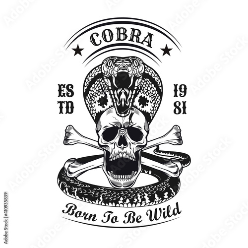 Black king cobra and skull emblem. Monochrome design elements with human skull, snake and text. Gothic or horror concept for label, stamp, tattoo template