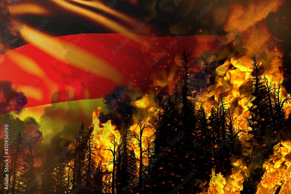Big forest fire fight concept, natural disaster - burning fire in the trees on Germany flag background - 3D illustration of nature