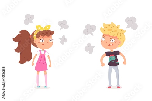 Angry stubborn kids. Mad girl and boy in quarrel with arms crossed. Sad little children in bad mood on white background. Expression of emotions and feelings vector illustration