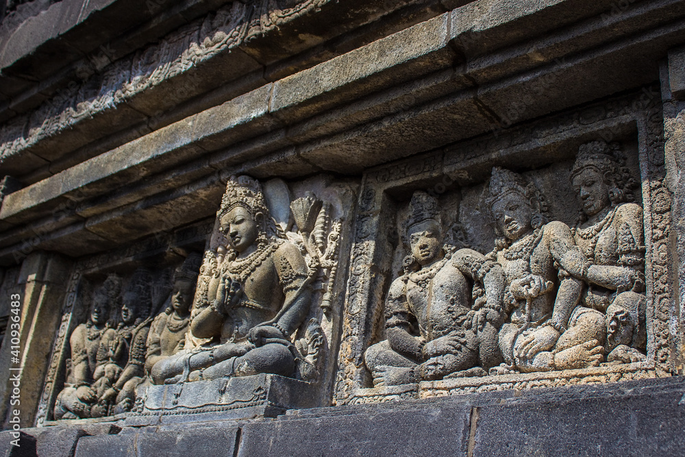 Bas-reliefs showing Hindu mythology in Prambanan temple in Yogyakarta ...