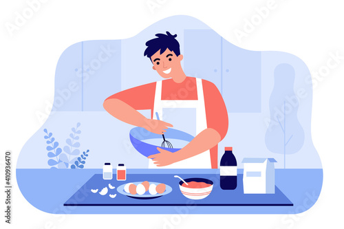 Happy man in apron mixing ingredients in bowl flat vector illustration. Cartoon guy preparing dough or cooking dessert at kitchen table. Homemade pastry and baking concept