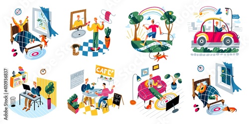 Daily routine of young man. Guy waking up, brushing teeth, running outdoor, commute to work in car, working in office, leisure with tv, sleeping. Schedule vector illustration
