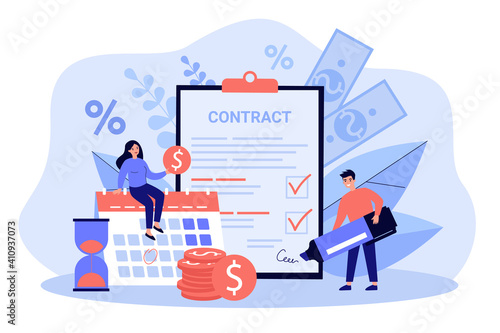 Happy couple signing loan agreement isolated flat vector illustration. Cartoon graphic man and woman taking bank credit and getting money. Mortgage and easy credit program concept