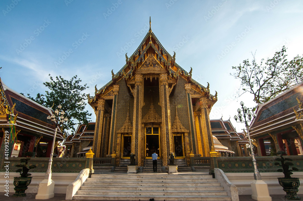 The landscape view of The Buddhism sanctuary with tourist at Wat Ratchabophit temple in Bangkok, Thailand 