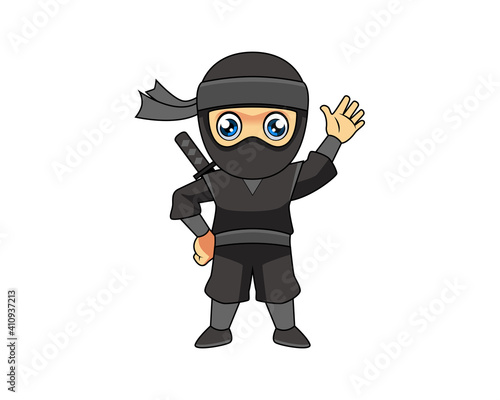 ninja kid cartoon character waving hand