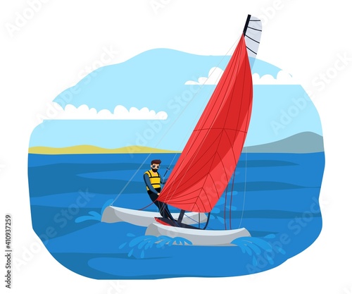 Foto Man sailing in boat, extreme sport adventure