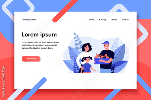 Little girl admiring puppies. Man showing box of cute dogs to mother and daughter flat vector illustration. Pet adoption, animal care, family concept for banner, website design or landing web page