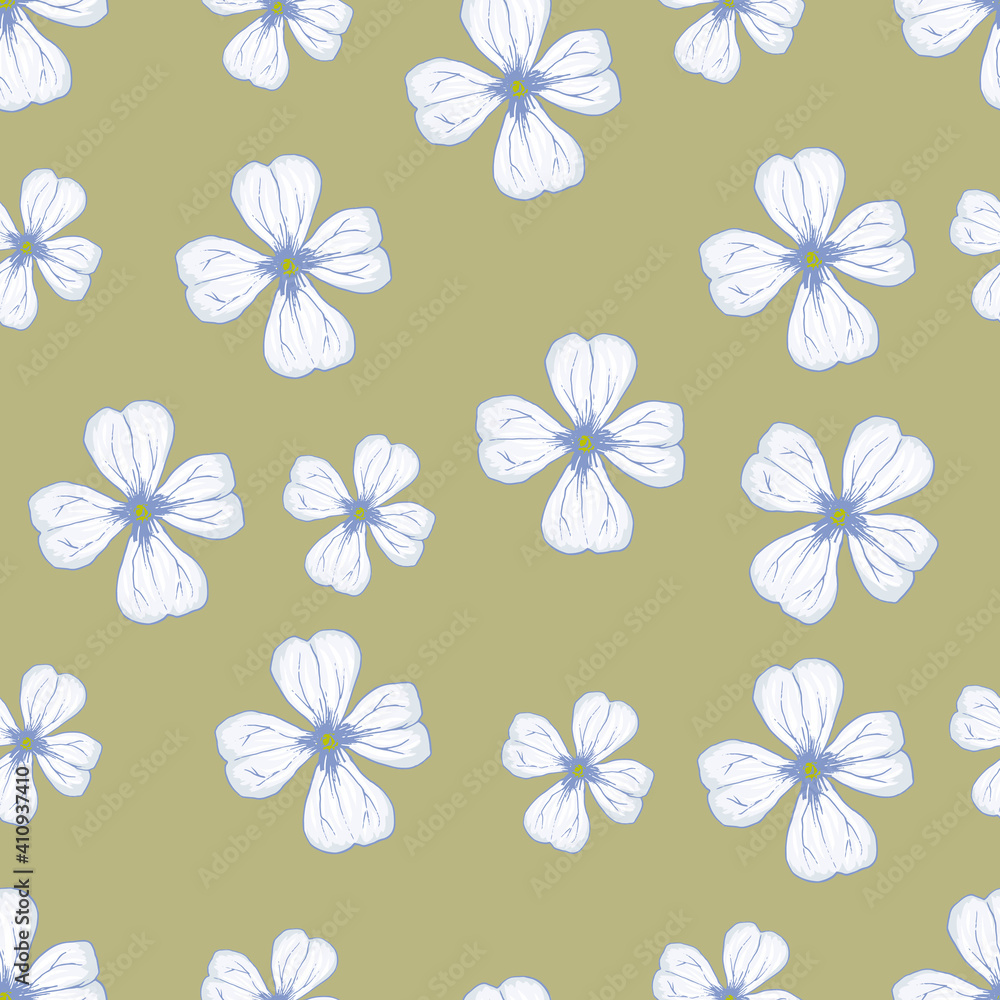 Seamless vector pattern with regular white flowers on a beige background. Good print for ceramic tile, wallpaper, packaging design, wrapping paper